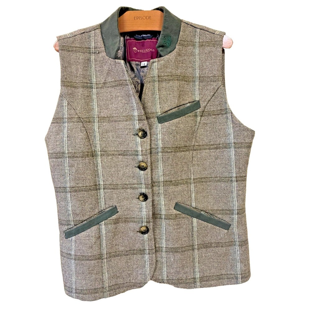 Welligogs Tweed Green & Taupe Wool Vest US 12/14 Excellent Condition Imported UK